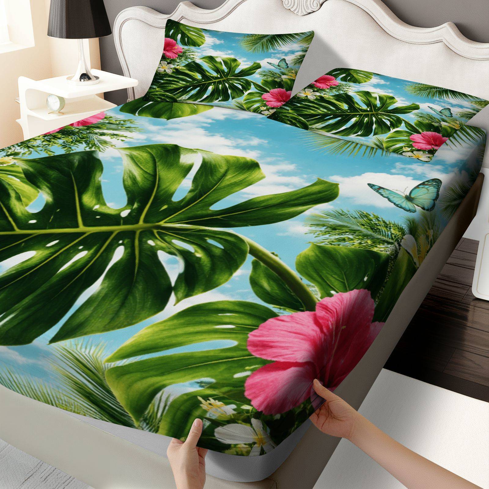 Fitted Sheet Deep - طقم ملاءات سرير بنقشة الكركديه الاستوائي،