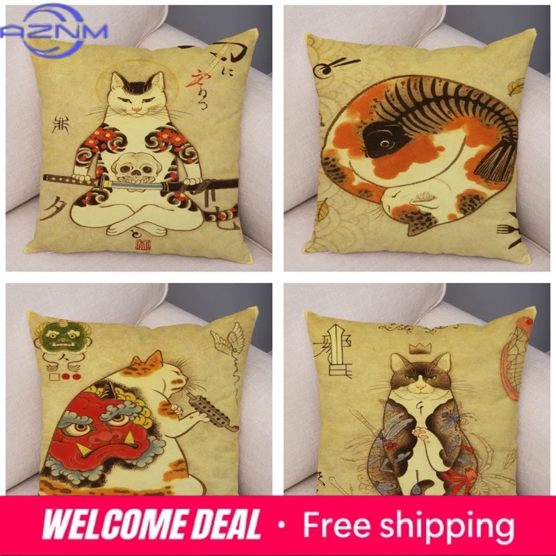غطاء وسادة بتصميم قطة السامورا - مراجعة Japanese Home Textiles وسعره